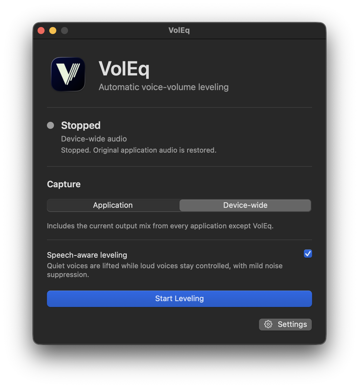 VolEq window showing stopped device-wide capture with speech-aware leveling enabled